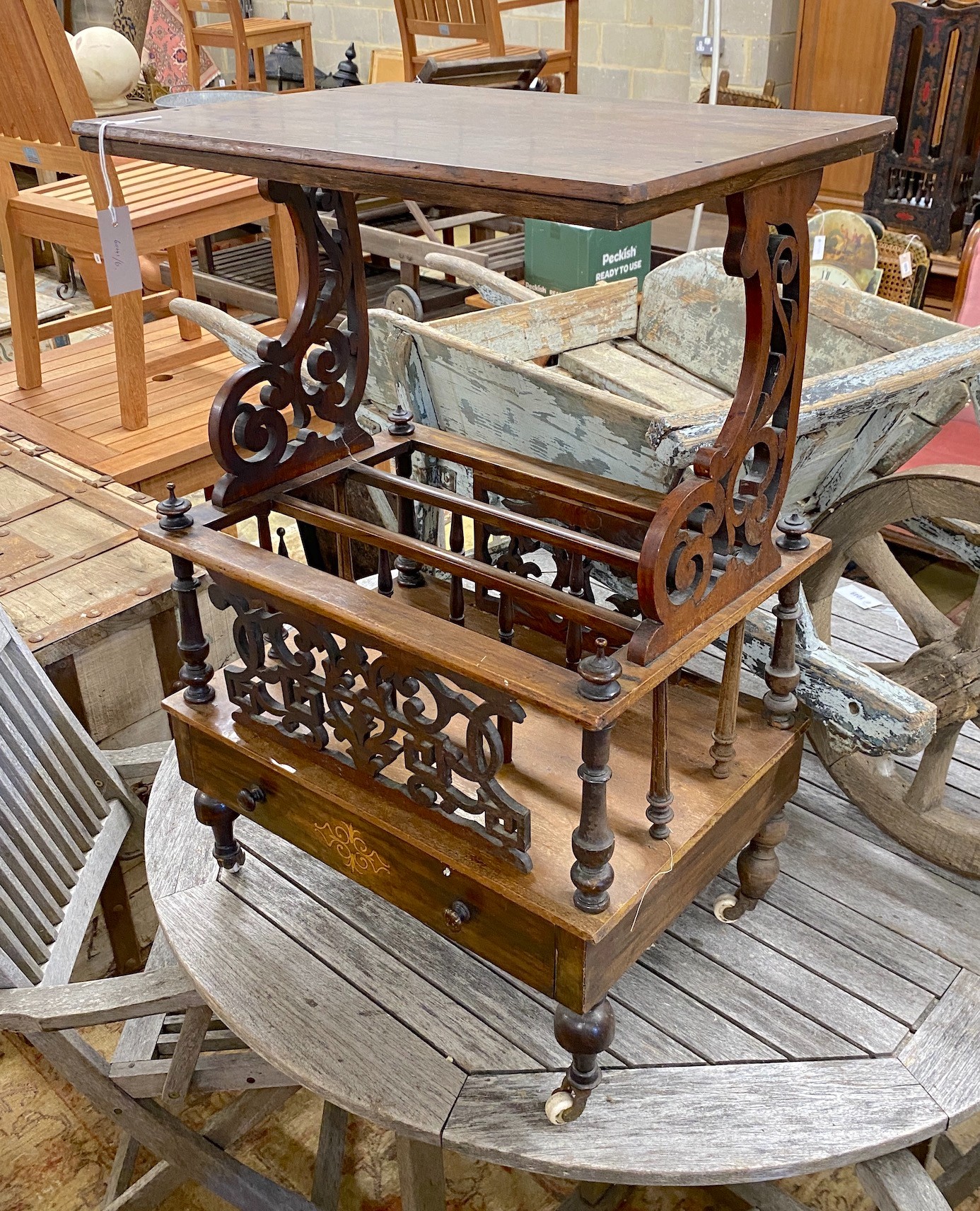 A Victorian inlaid walnut music Canterbury / Whatnot, width 54cm, depth 39cm, height 83cm (lacks superstructure).